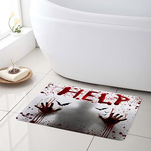 LB Halloween Badematte Blutige Handabdrücke mit Hilfe Fußabtreter 60x40cm Entsetzen Geist Schwarze Fledermaus rutschfest Weich Saugfähig Waschbar Bodenmatte zum Tür Bad Schlafzimmer Innen Dekoration von LB