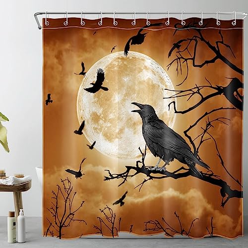 LB Halloween Duschvorhang 180x200cm Schwarze Krähe auf Totem Baum Antischimmel Wasserdicht Badezimmer Vorhänge, Orange Entsetzen Mondnacht Extra Lange Polyester Stoff Bad Vorhang mit Haken von LB