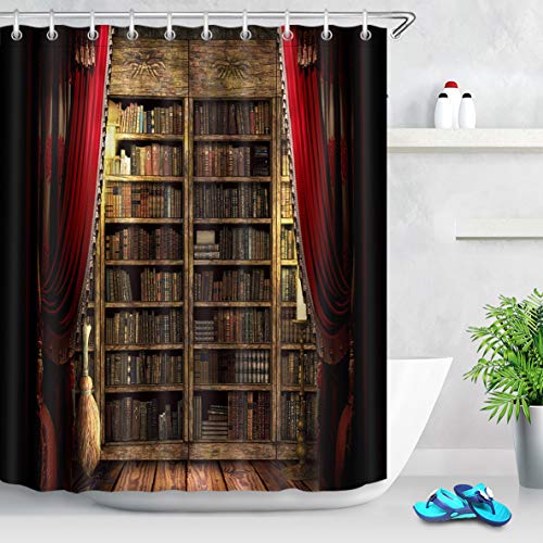 LB Halloween Duschvorhang Bücherregal,magische Bücher,roter Vorhang,Schloss Polyester Extra Lang Bad Vorhänge Wasserdicht Anti Schimmel Badezimmer Deko Heimzubehör mit Vorhanghaken,150X180cm von LB