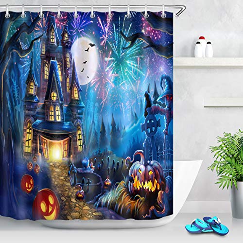 LB Halloween Duschvorhang Burg,Geist,Kürbis,Friedhof,Feuerwerk Polyester Extra Lang Bad Vorhänge Wasserdicht Anti Schimmel Badezimmer Deko Heimzubehör mit Vorhanghaken,180X200cm von LB