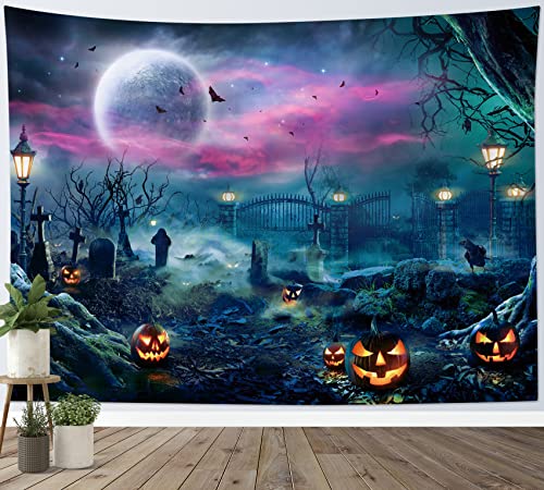 LB Halloween Wandteppich Horror Kürbis und Krähe Wandtuch Friedhof in der Vollmondnacht Wandbehang Fledermaus und Grab Tapisserie für Wohnzimmer Schlafzimmer Wohnheim Wanddeko,235x180cm von LB