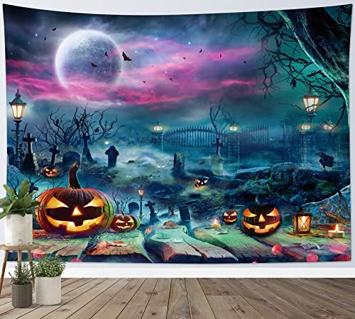 LB Halloween Wandteppich Kürbis auf dem Friedhof Wandtuch Vollmondnacht Wandbehang Horror Grab Tapisserie für Wohnzimmer Schlafzimmer Wohnheim Wanddeko,235x180cm von LB