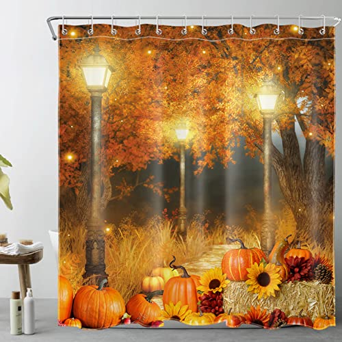 LB Herbst Duschvorhang 180x180cm Kürbis im Orangenwald Antischimmel Wasserdicht Badezimmer Vorhänge, Herbst Landschaft Polyester Stoff Bad Vorhang mit Haken von LB