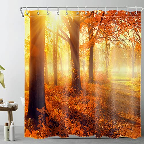 LB Herbst Duschvorhang 180x200cm Sonnenschein Waldlandschaft Antischimmel Wasserdicht Badezimmer Vorhänge, Orangene Natur Extra Lange Polyester Stoff Bad Vorhang mit Haken von LB