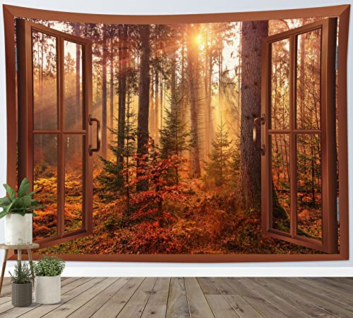 LB Herbst Wandteppich Waldlandschaft aus dem Fenster Wandtuch Sonnenschein durch Bäume Wandbehang Herbst Natur Tapisserie für Wohnzimmer Schlafzimmer Wohnheim Wanddeko,150x130cm von LB