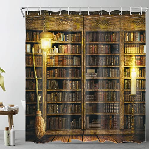 LB Hexen-Duschvorhang, magisches Bücherregal, fliegender Besen, Duschvorhänge für Badezimmer, magische Holzhütte, Halloween, Badezimmervorhang, 183 x 183 cm, wasserdichter Stoff, Duschvorhang-Set mit von LB