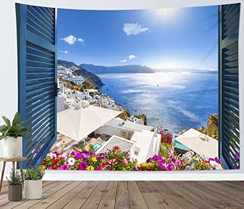 LB Insel Wandteppich Griechische Meer Landschaft Wandtuch Blauer Ozean und bunte Blumen Wandbehang Europäischer Stil Tapisserie für Wohnzimmer Schlafzimmer Wohnheim Wanddeko,235x180cm von LB