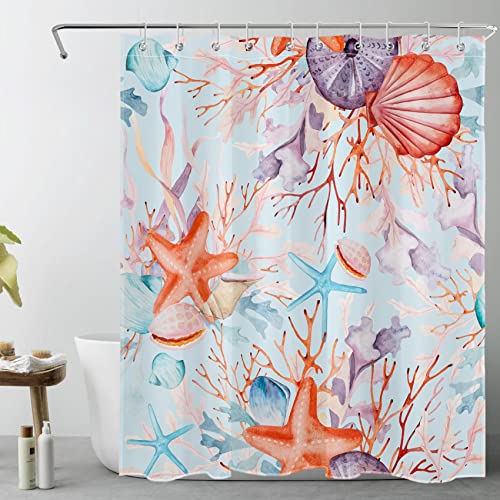 LB Korallenriff Duschvorhang 150x200cm Seestern Muschel im Blauen Meer Antischimmel Wasserdicht Badezimmer Vorhänge, Aquarell Meereslebewesen Extra Lange Polyester Stoff Bad Vorhang mit Haken von LB
