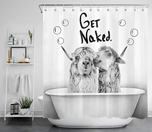 LB Lustig Get Naked Duschvorhang 180x200cm Graues Alpaka Antischimmel Wasserdicht Badezimmer Vorhänge, Süßes Tier Extra Lange Polyester Stoff Bad Vorhang mit Haken von LB