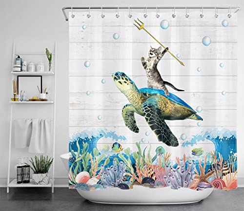 LB Lustige Katze Meeresschildkröte Duschvorhang 240x175cm Meerestier Aquarell Antischimmel Wasserdicht Badezimmer Vorhänge, Buntes Korallenriff Extra Breit Polyester Stoff Bad Vorhang mit Haken von LB