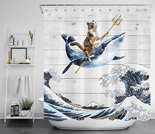 LB Lustige Katze auf Wal Duschvorhang Antischimmel Wasserdicht Badezimmer Vorhänge Japanische große Welle und Holzplanke 240x175cm Extra Breit Polyester Bad Vorhang mit Haken von LB