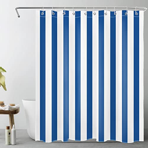 LB Marineblau gestreift Duschvorhang 150x180cm Blaue Weiße Linie Antischimmel Wasserdicht Badezimmer Vorhänge, Einfache minimalistische Geometrie Kurz Polyester Stoff Bad Vorhang mit Haken von LB