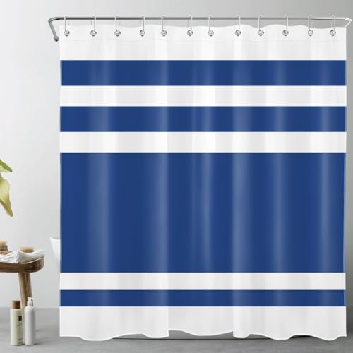 LB Marineblau und weiß gestreift Duschvorhang 180x200cm(BxH) Geometrisch abziehen Antischimmel Wasserdicht Badezimmer Vorhänge, Klassisch Extra Lange Polyester Stoff Bad Vorhang mit Haken von LB