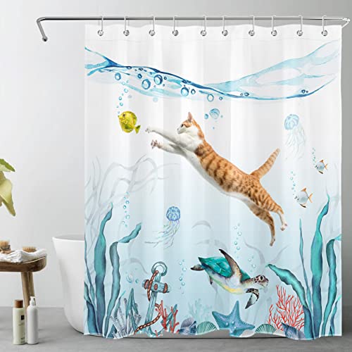 LB Meeresschildkröte Duschvorhang 150x180cm Katze fangen Fisch Antischimmel Wasserdicht Badezimmer Vorhänge, Ankern Sie unter dem Blauen Meer Kurz Polyester Stoff Bad Vorhang mit Haken von LB