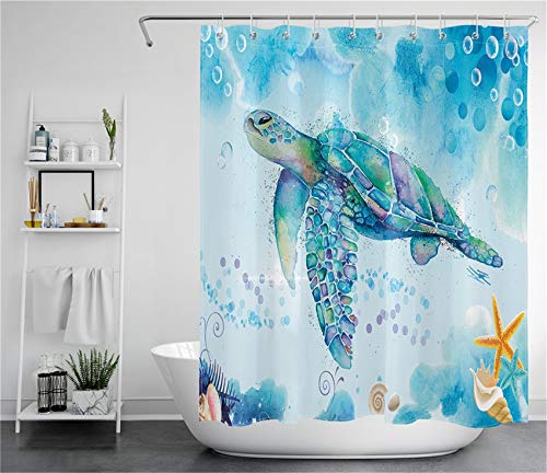 LB Meeresschildkröte Duschvorhang Antischimmel Wasserdicht Badezimmer Vorhänge Blaues Meer 150x180cm Polyester Bad Vorhang mit Haken von LB