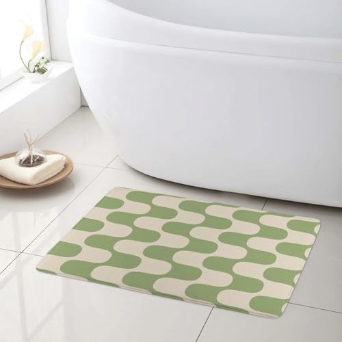 LB Modern Badematte Grün gestreift auf Vintage Beige Fußabtreter 60x40cm Abstrakte Kunst rutschfest Weich Saugfähig Waschbar Bodenmatte zum Tür Bad Schlafzimmer Innen Dekoration von LB