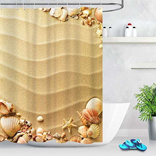 LB Muscheln am tropischen Strand Duschvorhang Seestern und Muschel auf Sand Polyester Stoff Bad Vorhänge Wasserdicht Anti Schimmel Badezimmer Deko Heimzubehör mit Vorhanghaken,180X200cm von LB