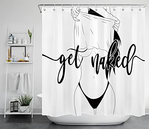 LB Nackt Werden Duschvorhang 180x200cm Sexy Mädchen Antischimmel Wasserdicht Badezimmer Vorhänge, Minimalistische Ästhetik Schwarz Weiß Extra Lange Polyester Stoff Bad Vorhang mit Haken von LB