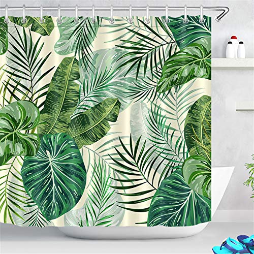 LB Palmblatt Duschvorhang Antischimmel Wasserdicht Polyester Badezimmer Vorhang, 240x175cm Grünes Tropisches Blätter, Creme Bad Vorhänge mit Vorhanghaken von LB
