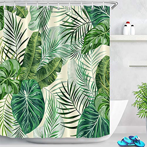 LB Palmblatt Duschvorhang Antischimmel Wasserdicht Polyester Badezimmer Vorhang,120x175cm Grün Tropisches Blätter, Creme Bad Vorhänge mit Vorhanghaken von LB