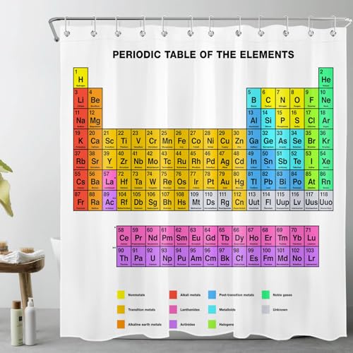 LB Periodensystem der Elemente Duschvorhang 240x175cm(BxH) Weiß Antischimmel Wasserdicht Badezimmer Vorhänge, Polyester Stoff Bad Vorhang mit Haken,Poster für Chemie-Lehramtsstudenten von LB