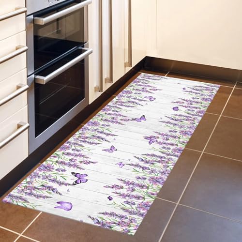 LB Purle Blume Küchenmatte Rustikaler Lavendel mit Schmetterling Waschbar rutschfest Teppiche in der Fläche Bauernhaus Holz Weiße Ästhetik Teppich Läufer für Korridor,120x40cm von LB