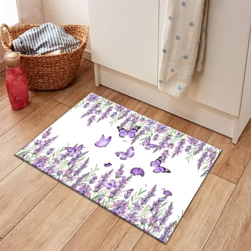 LB Purle Blume Küchenteppich Rustikaler Lavendel mit Schmetterling Waschbar rutschfest Matte für Eingang zur Haustür Ästhetisch Gummirücken Fußmatten,80x50cm von LB