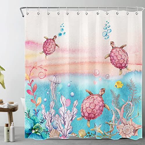 LB Tropischer Strand Duschvorhang 180x200cm Rosa Wasserschildkröte Blaues Meer Antischimmel Wasserdicht Badezimmer Vorhänge,Extra Lange Polyester Stoff Bad Vorhang mit Haken von LB