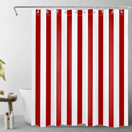 LB Rot und weiß gestreift Duschvorhang 120x175cm(BxH) Geometrisch strukturiert Antischimmel Wasserdicht Badezimmer Vorhänge,Moderne abstrakte Kunst Extra Kurz Polyester Stoff Bad Vorhang mit Haken von LB