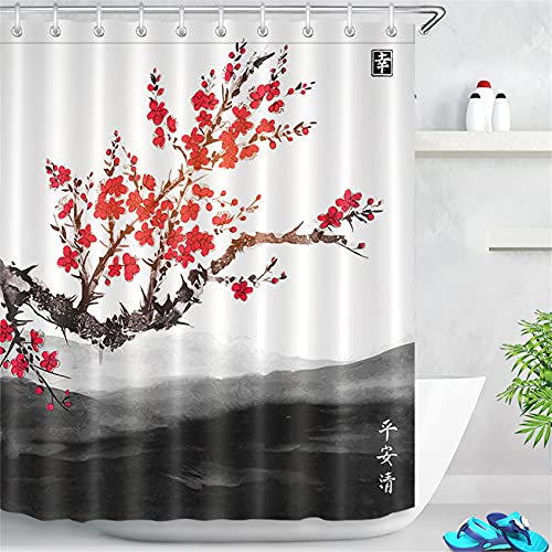 LB Rote Cherry Blumen Duschvorhang 120x175cm mit Haken, Japanisch Landschaft Bad Gardinen Schwarzer Berg Oriental Badezimmer Vorhang Wasser Beständig Antischimmel Waschbares Polyester Stoff von LB