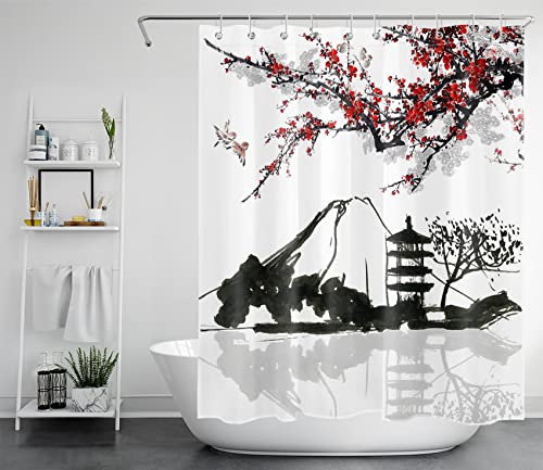 LB Rote Kirschblüte Duschvorhang 120x175 cm Schwarz Weiß Berg Japaner Antischimmel Wasserdicht Badezimmer Vorhänge, Asiatische Malerei Extra Kurz Polyester Stoff Bad Vorhang mit Haken von LB