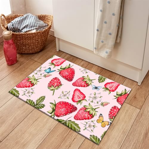 LB Rote Strabeere Küchenteppich Blume mit grünem Blatt Waschbar rutschfest Matte für Eingang zur Haustür Rosa Gummirücken Fußmatten,80x50cm von LB