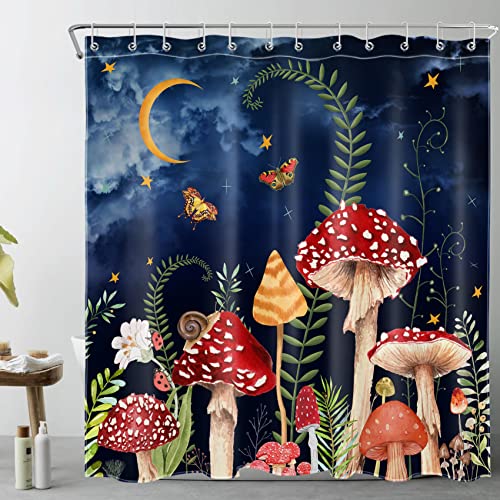 LB Roter Pilz Duschvorhang 180x200cm Grünes Eukalyptusblatt mit Botanischen Blumen Antischimmel Wasserdicht Badezimmer Vorhänge, Mond Nachthimmel Extra Lange Polyester Stoff Bad Vorhang mit Haken von LB