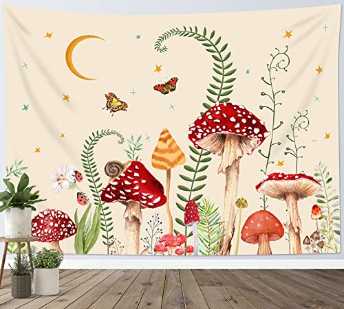LB Roter Pilz Wandteppich Schmetterling und Grün Pflanzen Wandtuch Mond und Stern Wandbehang Creme Tapisserie für Wohnzimmer Schlafzimmer Wohnheim Wanddeko,235x180cm von LB