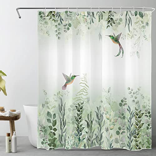 LB Salbei Grünes Blatt Duschvorhang 150x200cm Kolibri in Pflanzen Antischimmel Wasserdicht Badezimmer Vorhänge Aquarell Blumen und Baum Extra Lange Polyester Stoff Bad Vorhang mit Haken von LB