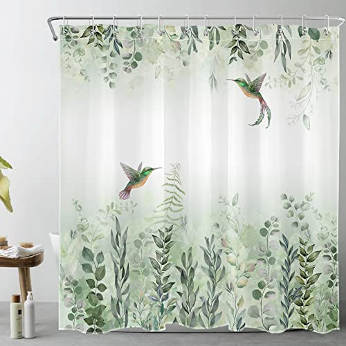 LB Salbei Grünes Blatt Duschvorhang 180x180cm Kolibri in Pflanzen Antischimmel Wasserdicht Badezimmer Vorhänge Aquarell Blumen und Baum Polyester Stoff Bad Vorhang mit Haken von LB