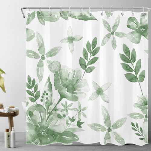 LB Salbei Grünes Blatt Duschvorhang 180x200cm(BxH) Aquarell-Pflanzen Antischimmel Wasserdicht Badezimmer Vorhänge, Ästhetische Blume Extra Lange Polyester Stoff Bad Vorhang mit Haken von LB