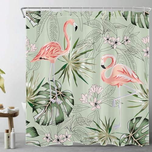 LB Salbeigrünes Palmblatt Duschvorhang 240x175cm(BxH) Tropischer rosa Flamingo Antischimmel Wasserdicht Badezimmer Vorhänge, Abstrakte Blume Extra Breit Polyester Stoff Bad Vorhang mit Haken von LB