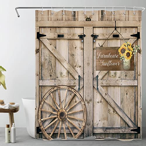 LB Scheunentor Duschvorhang 150x200cm Bauernhaus Holzbrett mit Sonnenblume Antischimmel Wasserdicht Badezimmer Vorhänge, Rustikaler Jahrgang Extra Lange Polyester Stoff Bad Vorhang mit Haken von LB