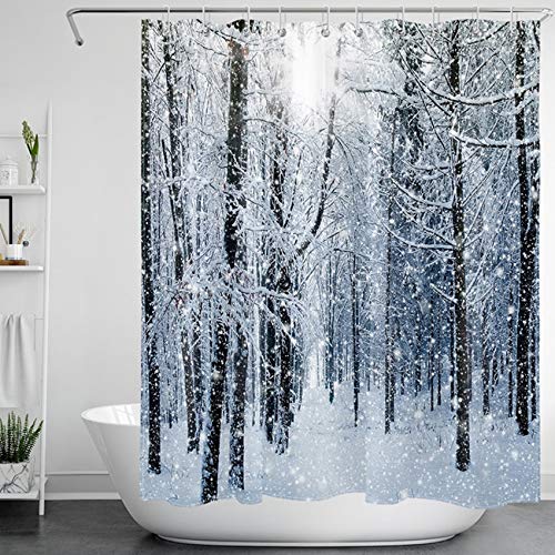 LB Schnee Wald Duschvorhang Weiß Schneeflocke Bad Vorhänge Winter Anti Schimmel Wasserdicht Polyester Badezimmer Deko mit Haken,150X180cm von LB