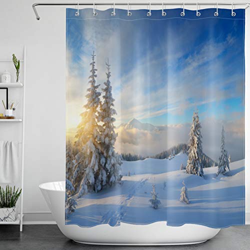 LB Schnee Wald Duschvorhang Winter Berge Bad Vorhänge Weihnachten Extra Lang Anti Schimmel Wasserdicht Polyester Badezimmer Deko mit Haken,180X200cm von LB