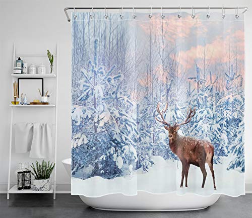 LB Schneewald Duschvorhang 180x200cm Hirsch in den Bergen Antischimmel Wasserdicht Badezimmer Vorhänge, Winterlandschaft Extra Lange Polyester Stoff Bad Vorhang mit Haken von LB