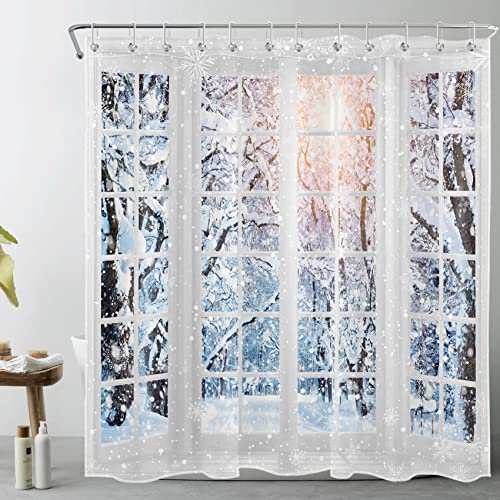 LB Schneewald Duschvorhang 180x200cm Winter Landschaft Außerhalb des Fensters Antischimmel Wasserdicht Badezimmer Vorhänge, Bäume mit Schneeflocke Extra Lange Polyester Stoff Bad Vorhang mit Haken von LB