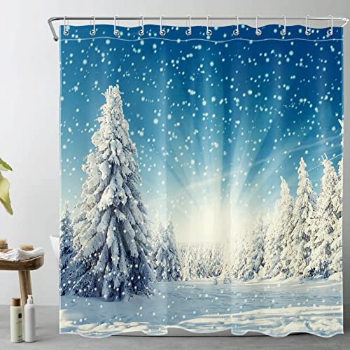 LB Schneewald Duschvorhang 180x200cm Winterblauer Himmel mit Schneeflocke Antischimmel Wasserdicht Badezimmer Vorhänge, Natur Landschaft Extra Lange Polyester Stoff Bad Vorhang mit Haken von LB