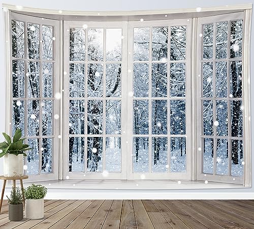 LB Schneewald Wandteppich Bäume mit weißer Schneeflocke Wandtuch Winterlandschaft aus dem Fenster Wandbehang Tapisserie für Wohnzimmer Schlafzimmer Wohnheim Wanddeko,150Bx100H cm von LB