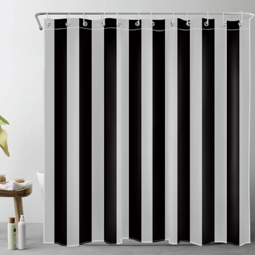 LB Schwarz und Grau gestreift Duschvorhang 180x200cm(BxH) Abstrakte Geometrie Antischimmel Wasserdicht Badezimmer Vorhänge, Moderne Kunst Extra Lange Polyester Stoff Bad Vorhang mit Haken von LB