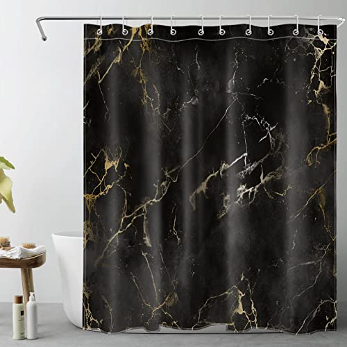 LB Schwarzer Marmor Duschvorhang 120x175cm Gold gestreift Antischimmel Wasserdicht Badezimmer Vorhänge, Abstrakt Geometrisch Extra Kurz Polyester Stoff Bad Vorhang mit Haken von LB