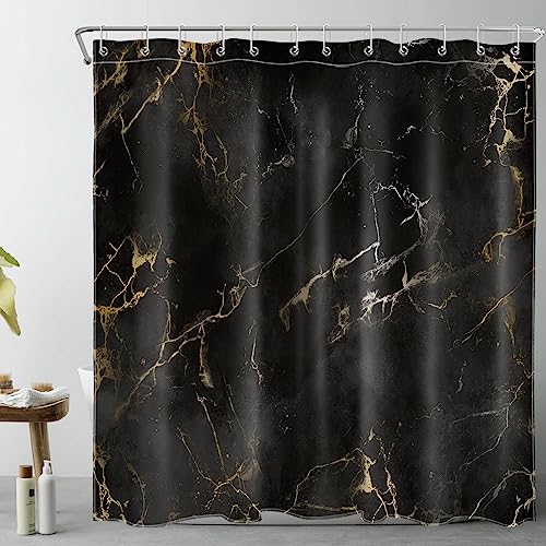 LB Schwarzer Marmor Duschvorhang 180x200cm Gold gestreift Antischimmel Wasserdicht Badezimmer Vorhänge, Abstrakt Geometrisch Extra Lange Polyester Stoff Bad Vorhang mit Haken von LB