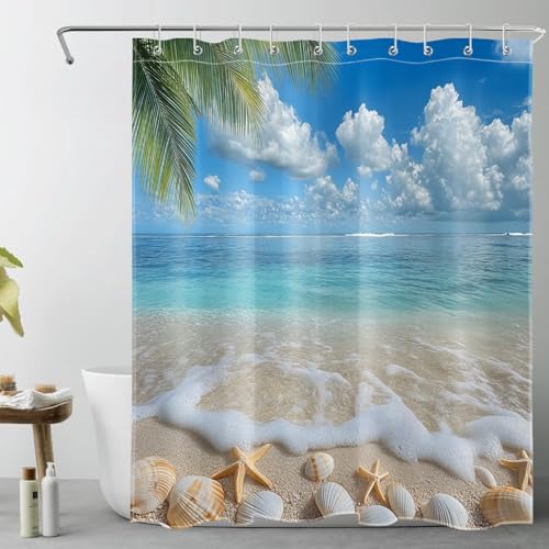 LB Sommer Küste Duschvorhang 120x175cm Muschel Seestern Grüne Palme Antischimmel Wasserdicht Badezimmer Vorhänge,Tropischer Strand Extra Kurz Polyester Stoff Bad Vorhang mit Haken von LB