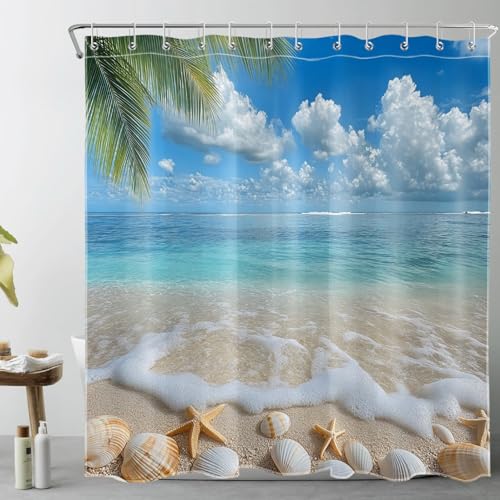 LB Sommer Küste Duschvorhang 180x200cm Muschel Seestern Grüne Palme Antischimmel Wasserdicht Badezimmer Vorhänge,Tropischer Strand Extra Lange Polyester Stoff Bad Vorhang mit Haken LB Sommer Küste Duschvorhang 180x200cm Muschel Seestern Grüne Palme Antischimmel Wasserdicht Badezimmer Vorhänge,Tropischer Strand Extra Lange Polyester Stoff Bad Vorhang mit Haken von LB